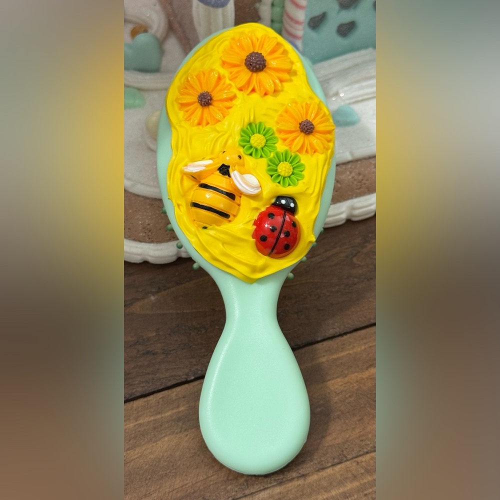 Small Mint Green Decorative Hair Brush with Bee and Ladybug Accents